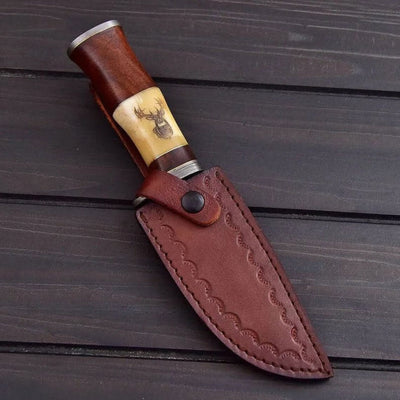 Premium Handcrafted Damascus Hunting Knife | Unique Engraved Bone & Rosewood Handle | 10" | Includes Leather Sheath - Korvel