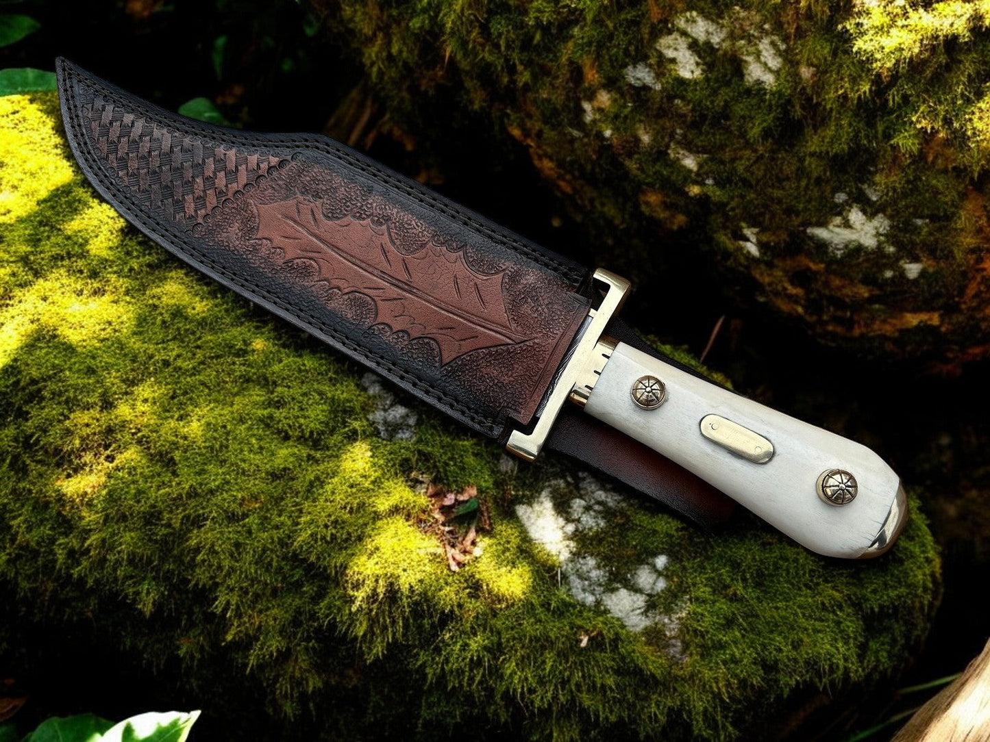 Custom Handmade W49 Bowie Knife – Damascus Steel Blade with Elegant Bone Handle - Korvel