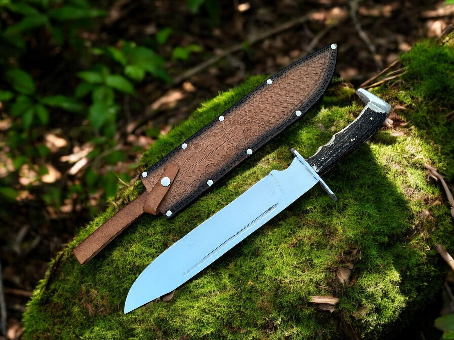 Highlander Stag Handle Bowie Knife – 18" Custom D2 Steel Blade with Stag Horn Grip - Korvel