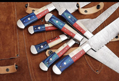 Premium Texas Flag Damascus Steel Kitchen Knife Collection - Korvel