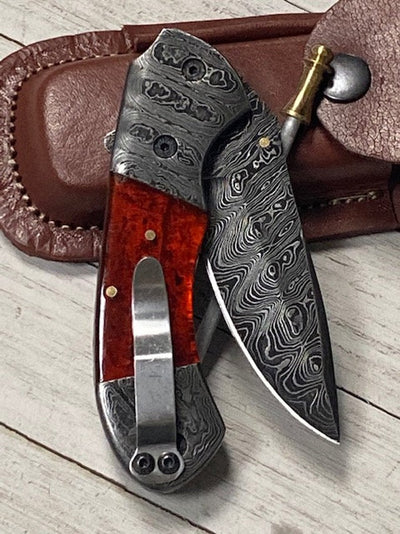 Premium Folding Pocket Knife with Epoxy Resin Handle & Leather Case - 3.2" Blade by KBS Knives - Korvel