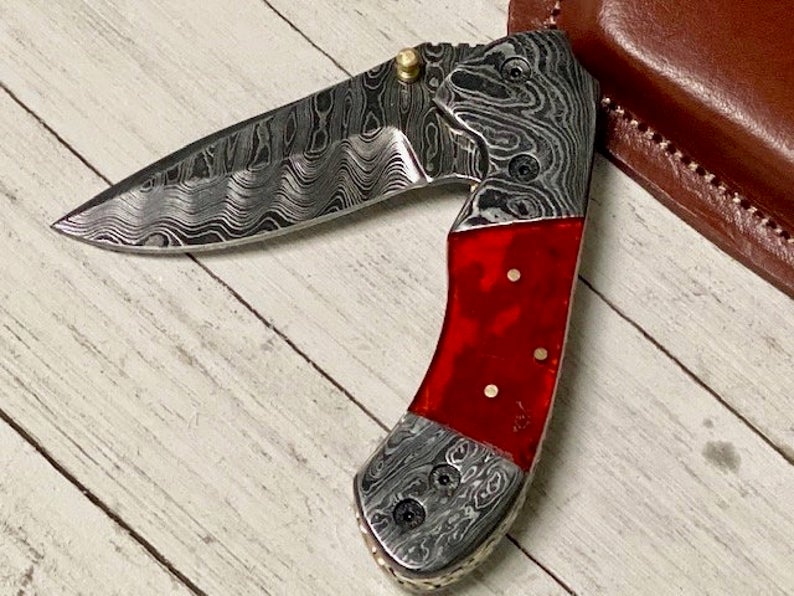 Premium Folding Pocket Knife with Epoxy Resin Handle & Leather Case - 3.2" Blade by KBS Knives - Korvel