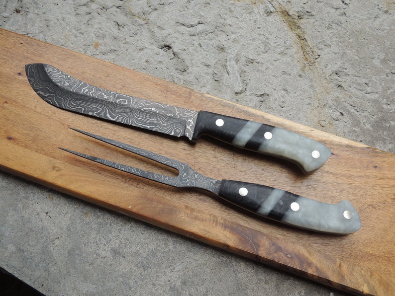 Premium Handmade Damascus Steel Steak Knife and Fork Set - Korvel