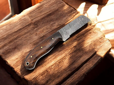 Custom Bull Cutter Knife with Damascus Blade & Rosewood Handle | Premium EDC Sheath - Korvel
