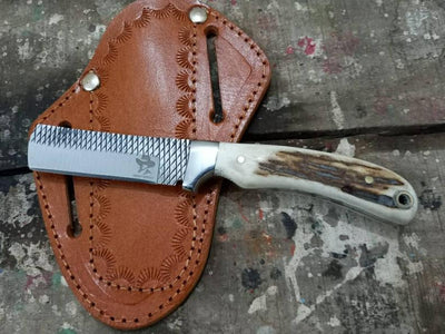 Custom Handmade Bull Cutters – Antler Handle Knife with Rasp Steel Blade | Essential Outdoor Tool - Korvel