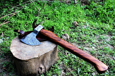 Custom Viking Beard Axe in Damascus Steel with Rosewood Handle & Leather Sheath - Korvel