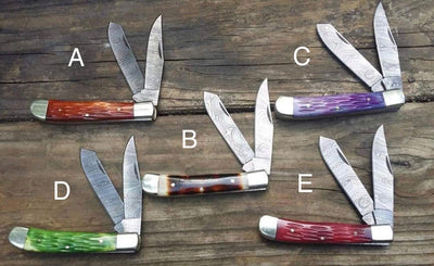 Artisan Damascus Steel Trapper Folding Knife with Vibrant Bone Handle & Leather Sheath by KBS Knives - Korvel
