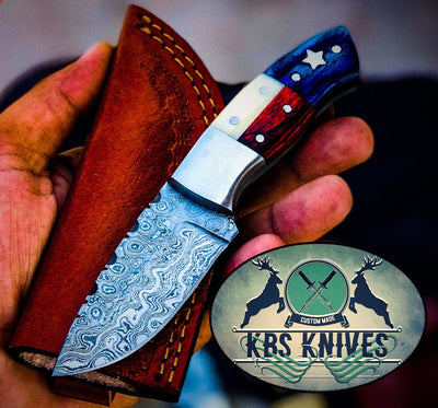 Custom Handmade Damascus Knife with Texas Flag Handle - Perfect for Camping & Hunting - Korvel