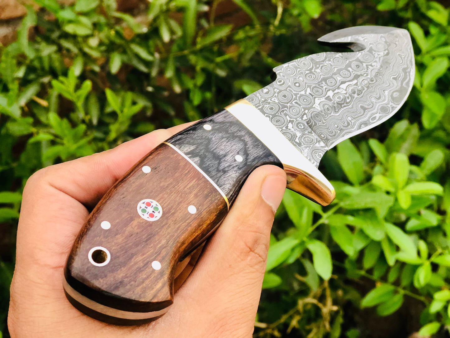 Premium Raindrop Damascus Guthook Skinning Knife - Korvel