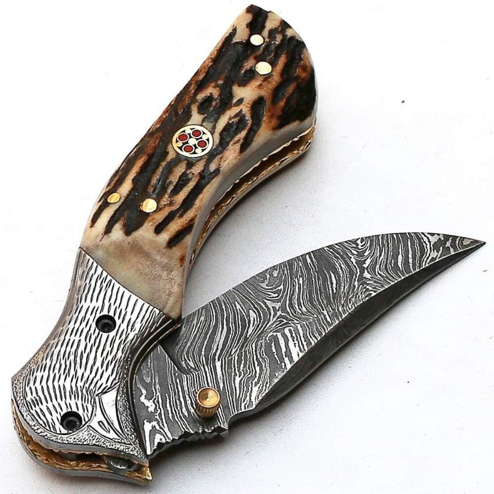 Artisan Crafted Damascus Steel Folding Pocket Knife with Antler Handle & Leather Sheath by KBS Knives - Korvel