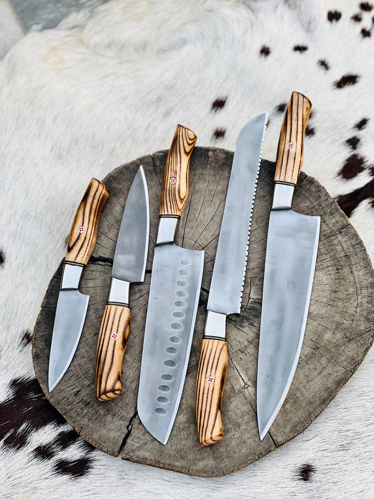 Artisan 5-Piece Acid-Washed Stainless Steel Knife Set with Wenge Wood Handles & Leather Roll - Korvel