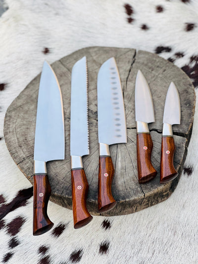 Premium 5-Piece Custom Handmade Stainless Steel Knife Set with Leather Roll & Elegant Rosewood Handles - Korvel