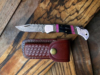 Premium Folding Pocket Knife with Buffalo Horn Handle & Color Wood Inlays - 3" Blade & Leather Sheath - Korvel