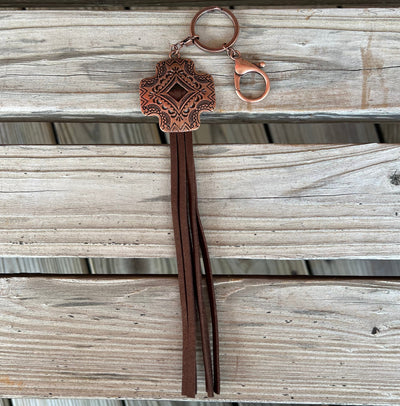 Stylish Copper Cross Keychain with Leather Fringe - Korvel