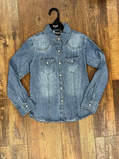 Stylish Pearl Snap Denim Shirt for Young Cowgirls - Korvel