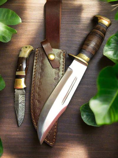 Outback Elite Dual Edge Knife Set – 16" D2 Bowie & Damascus Pocket Knife with Leather Sheath - Korvel