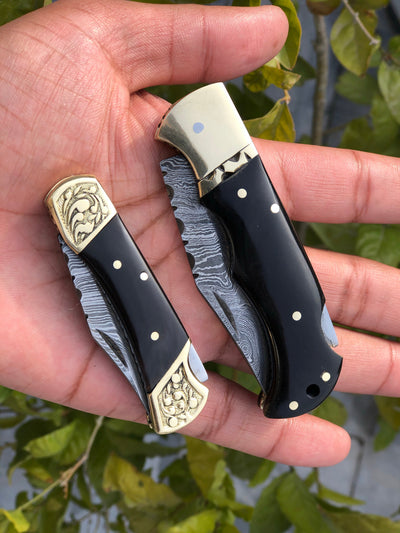Exquisite Pair of Custom Handmade Damascus Steel Folding Pocket Knives with Leather Case - Korvel