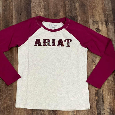 Ariat Girls' Stylish Baseball Tee - Oatmeal & Burgundy - Korvel