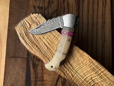 Premium Damascus Steel Folding Pocket Knife with Elegant Bone and Wood Handle - 3 Inch Blade & Leather Case - Korvel