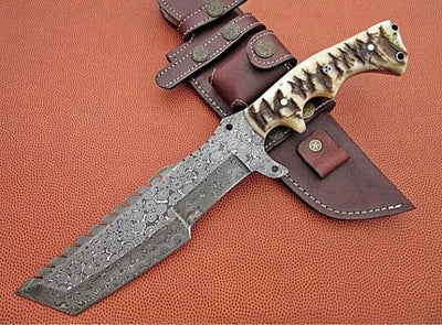 Handcrafted Raindrop Damascus Tanto Tracker Knife with Unique Sheep Horn Handle - Korvel