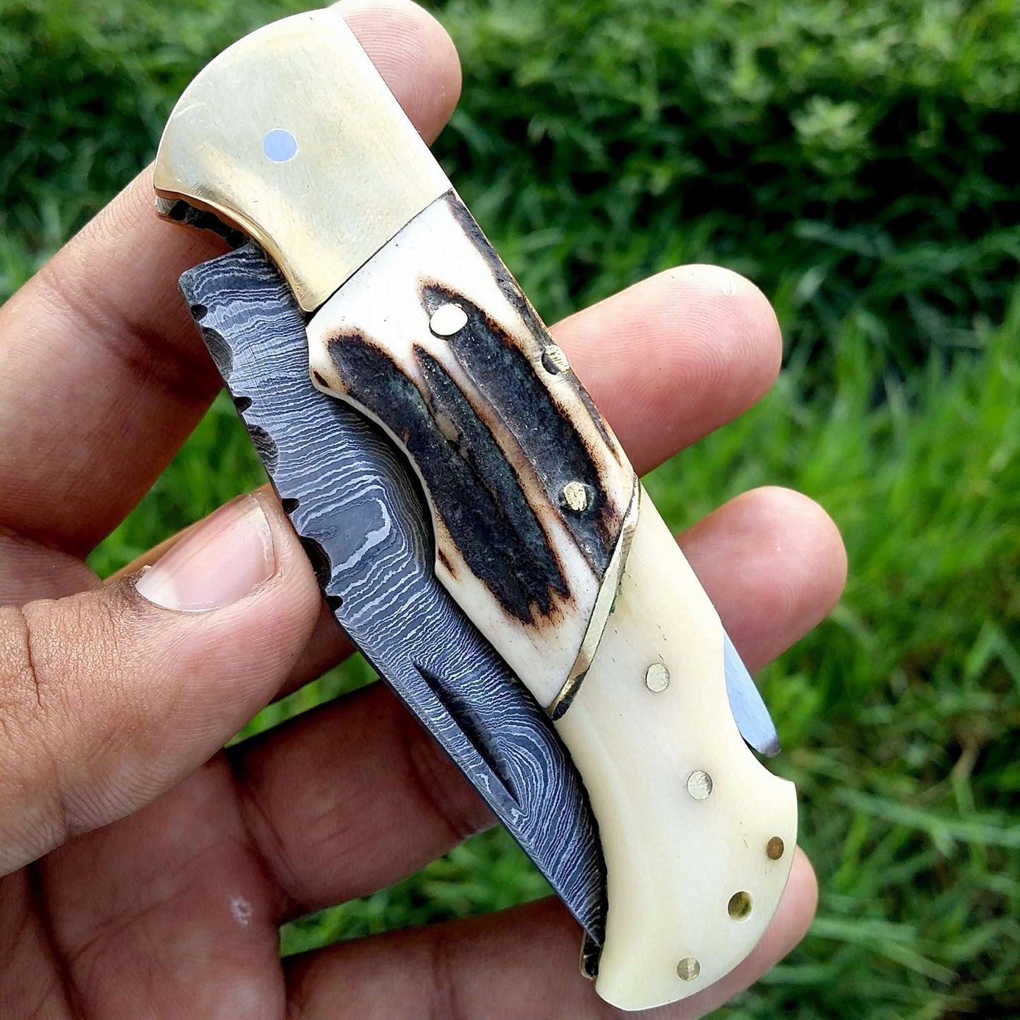 Exquisite Custom Handmade Damascus Steel Folding Pocket Knife with Antler Horn and Brass Handle - Korvel