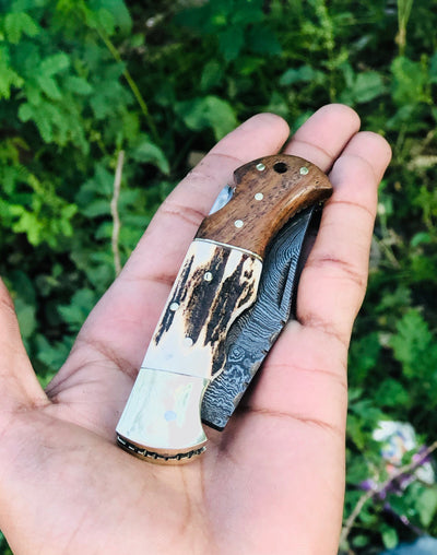 Exquisite Custom Damascus Steel Folding Knife with Rosewood & Antler Handle - Korvel