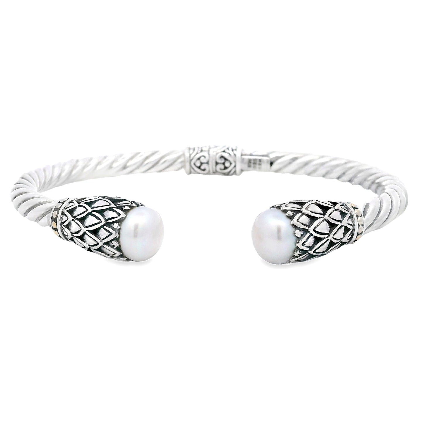 Brazalete de perlas elegante en plata de ley y oro de 18 quilates