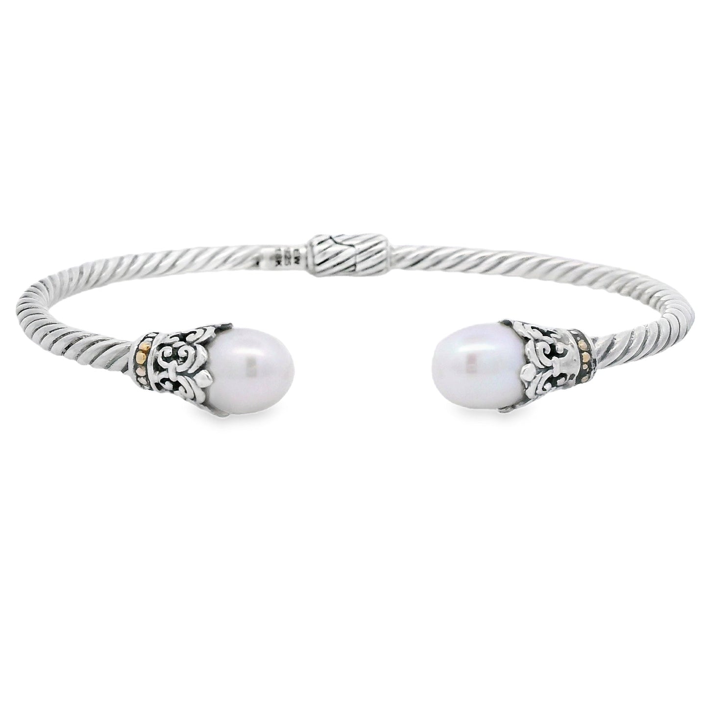 Elegant Pearl Bangle Bracelet in Sterling Silver with 18KT Gold