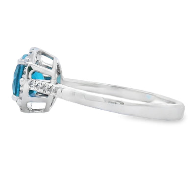Anillo de Topacio Azul Londres y Diamante de 1.35ct en Oro Blanco de 10KT
