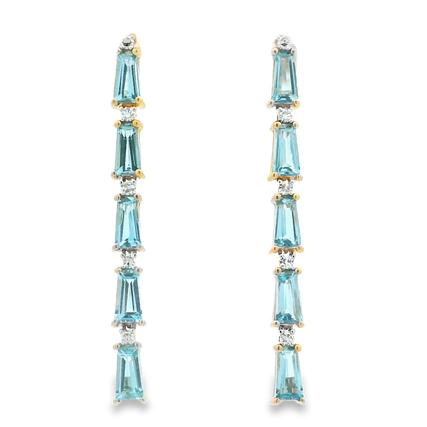 Boucles d'oreilles en topaze bleue et diamants de 3,15 ct en or jaune 14 carats