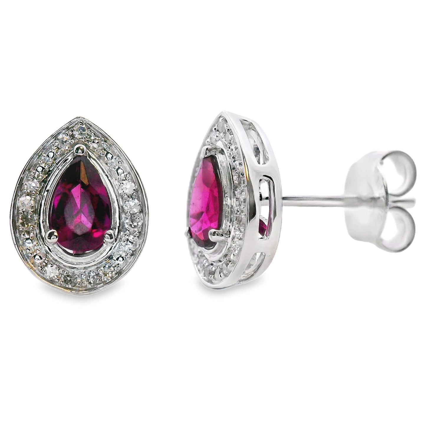 Pendientes de Stud de Granate Rodolita y Diamante en Oro Blanco de 10KT