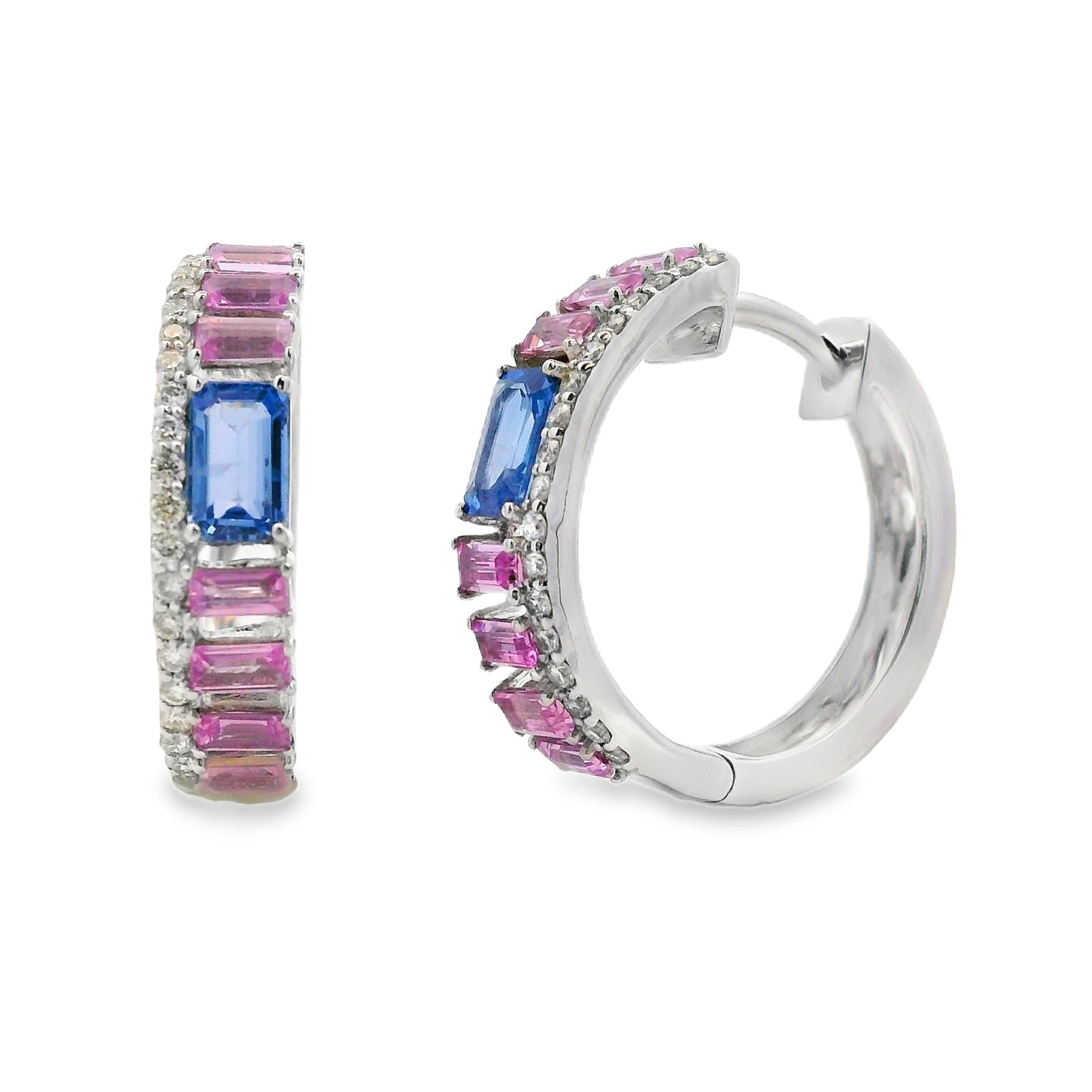 Multi Sapphire Diamond Hoop Earrings in 14KT White Gold
