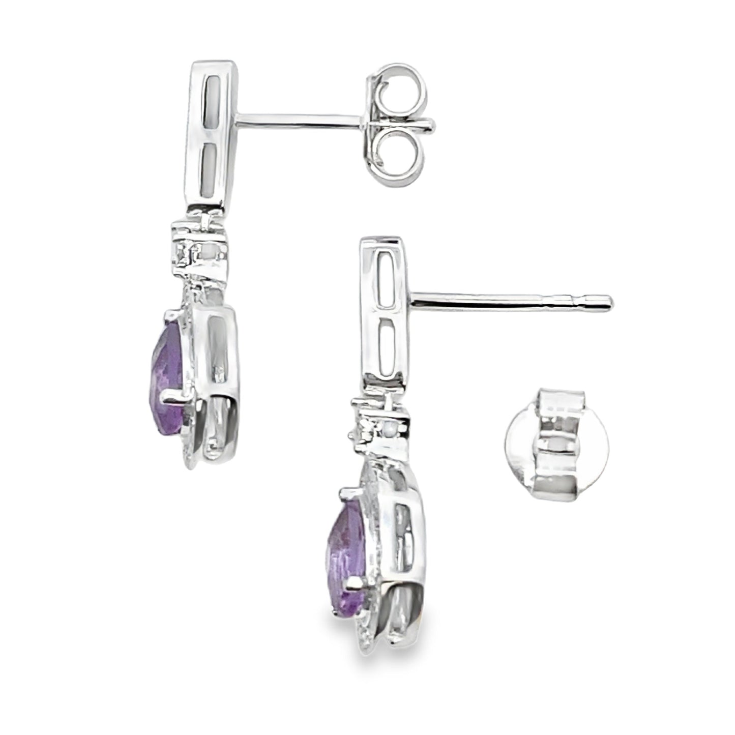 Pendientes colgantes de diamantes de amatista de 0.88 ct en oro blanco de 10KT
