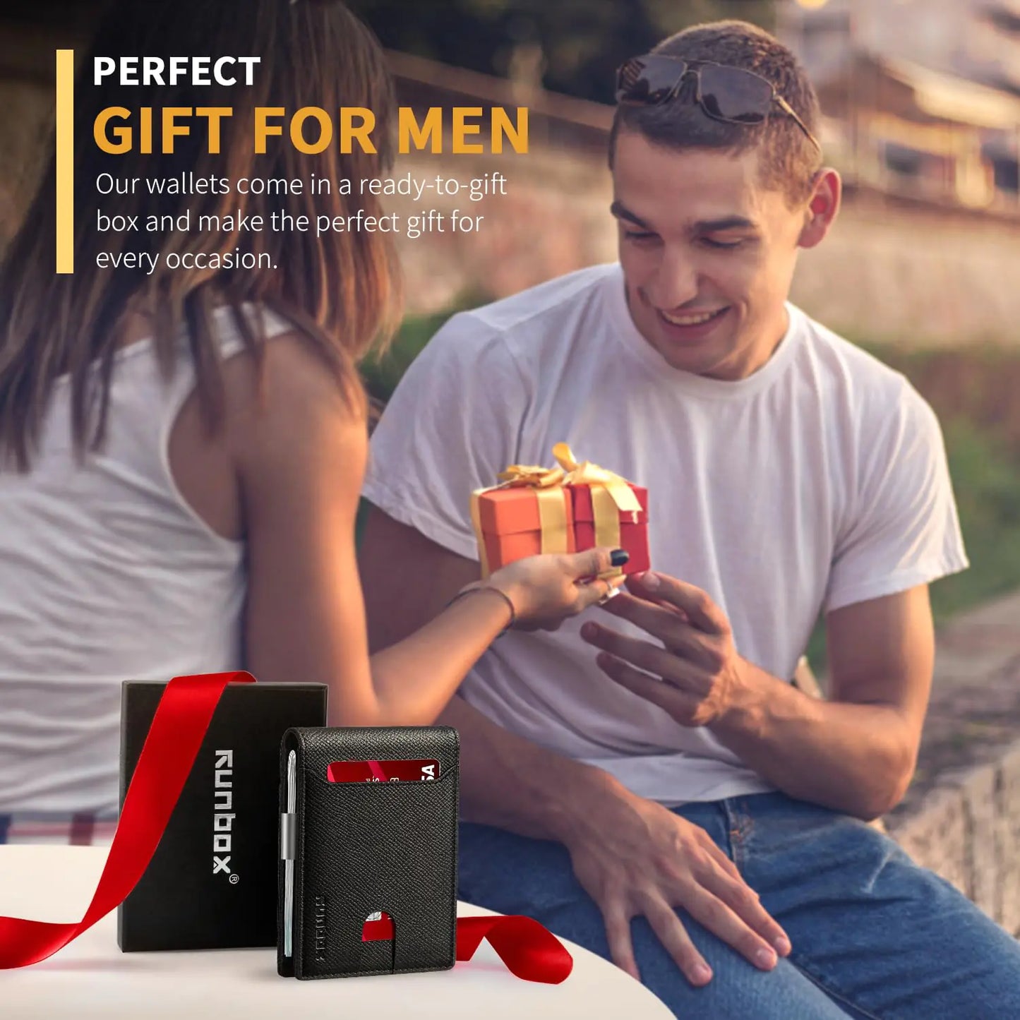 Cartera de Cuero Slim RUNBOX para Hombres - Cartera Bifold con Bloqueo RFID