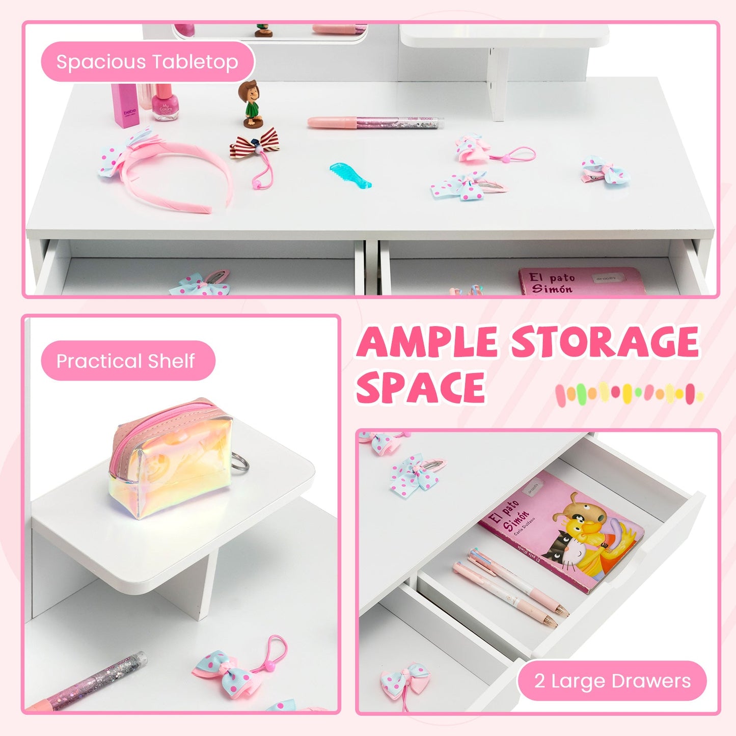 Kid Vanity Table Chair Set with Mirror and Storage - White