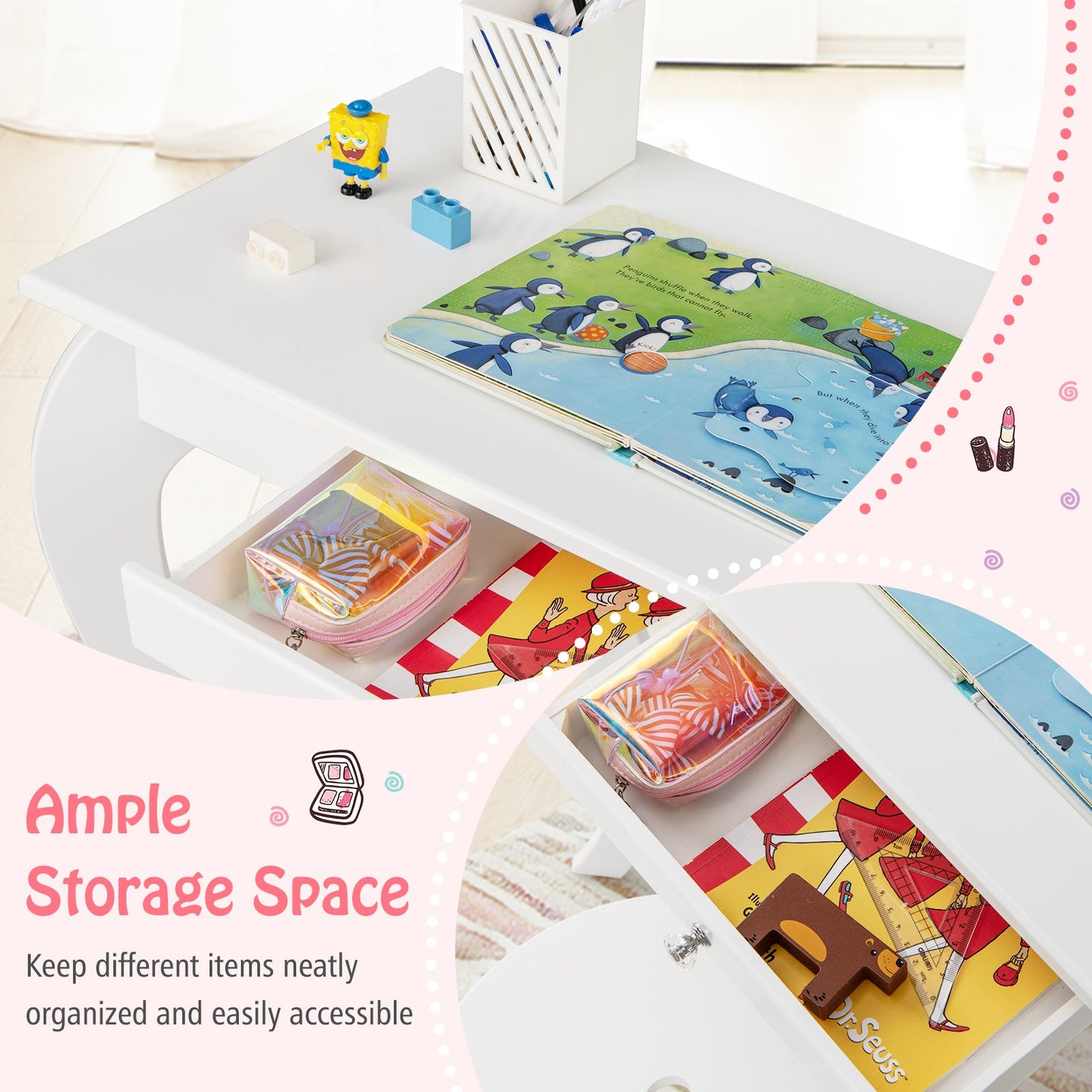 Conjunto de Mesa de Maquillaje para Niñas Princesa con Espejo - Blanco Roto