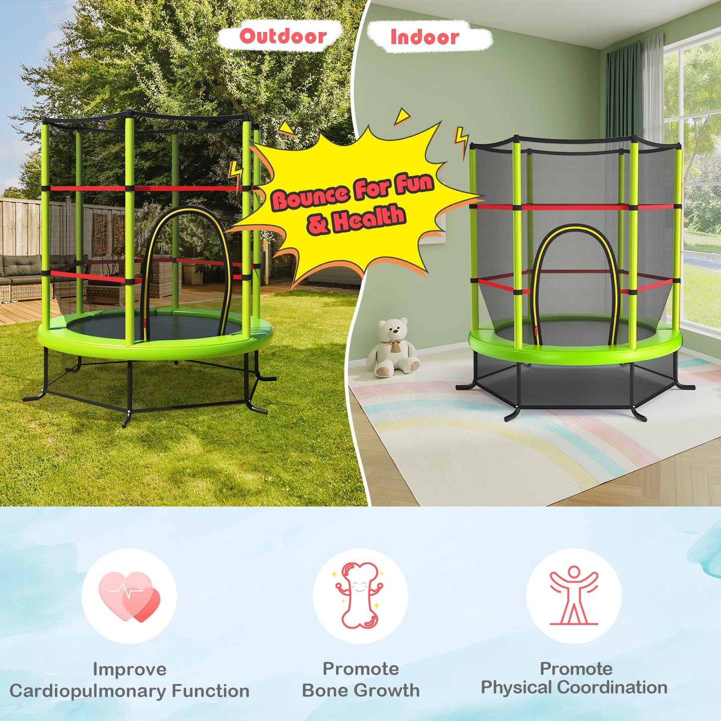 55 Inch Kids Trampoline with Safety Enclosure - Green