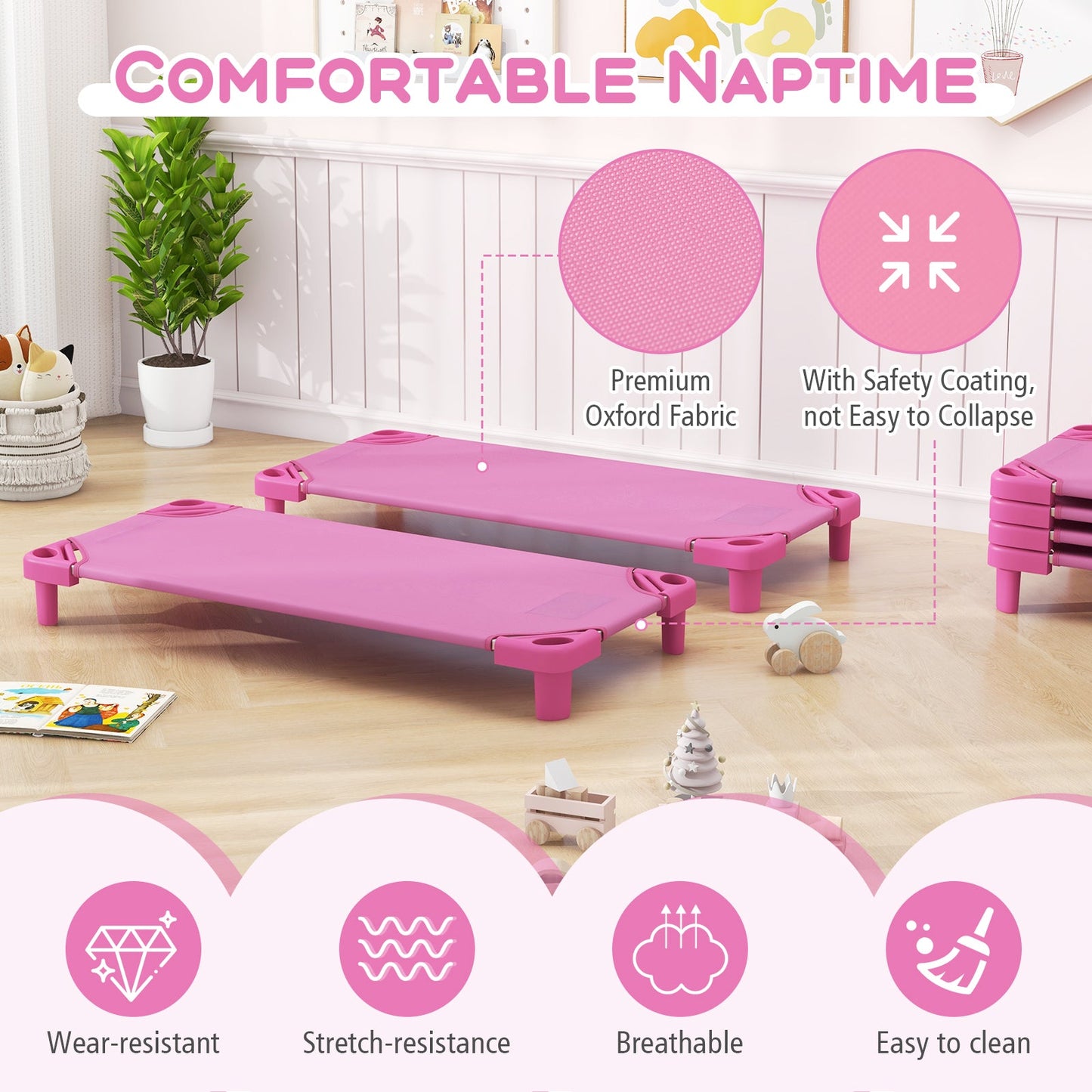 Kids Stackable Daycare Cot Pack of 6 - Pink
