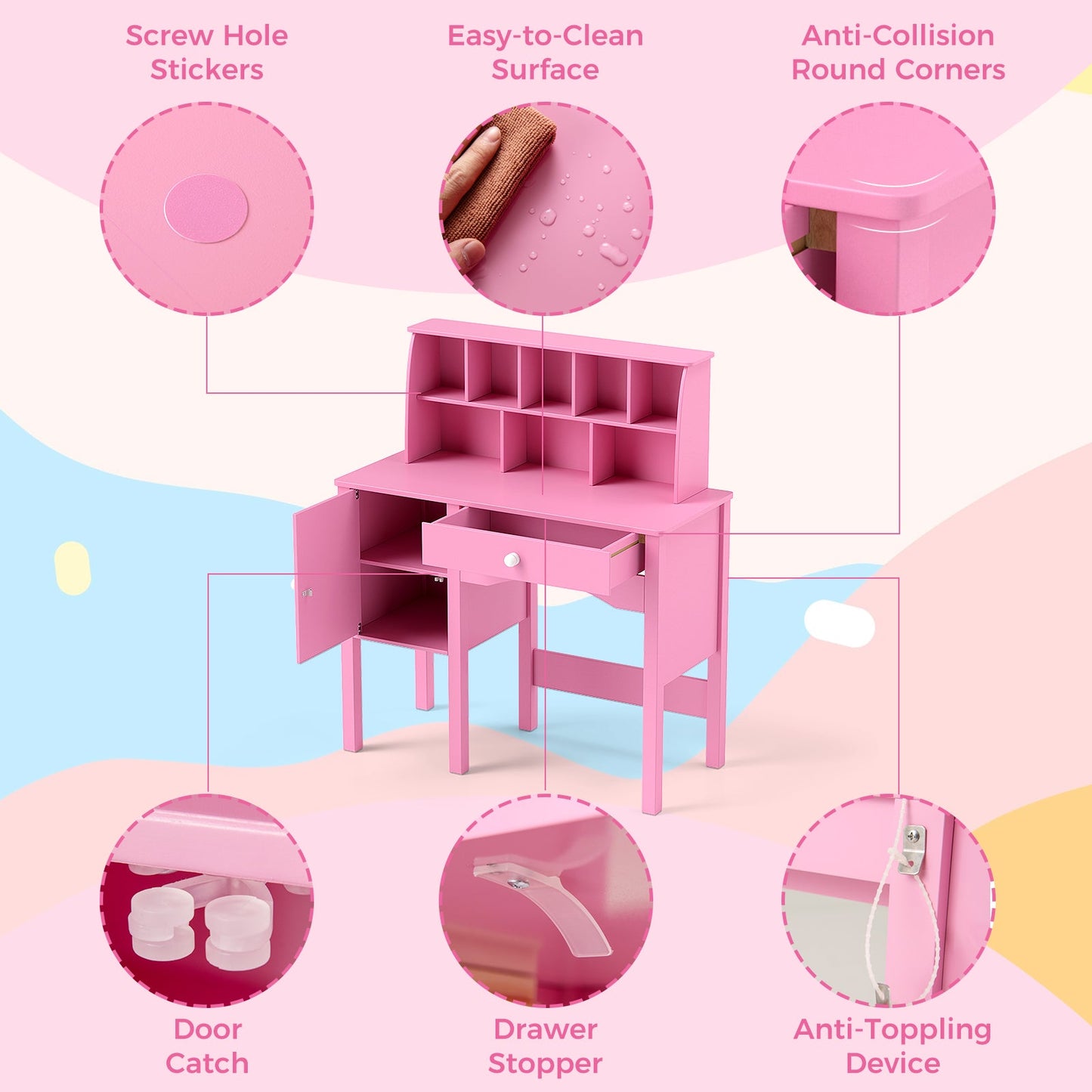 Ensemble Bureau et Chaise pour Enfants avec Rangement - Rose