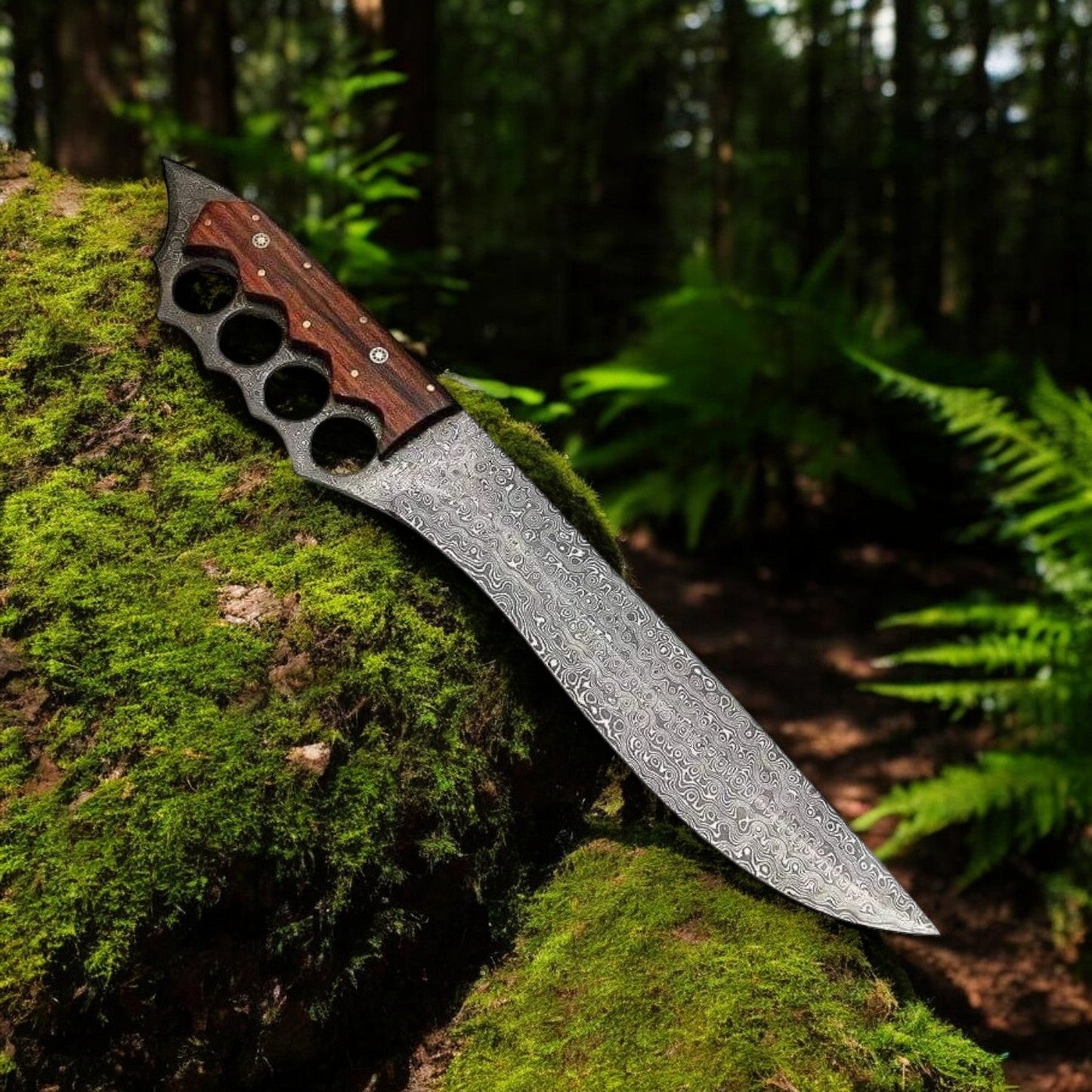 Exquisite Handmade Damascus Steel Knuckle Knife with Elegant Rosewood Handle – 15" with Leather Sheath - Korvel