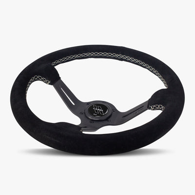 Le Mans Steering Wheel | Black Alcantara | Black Spokes | White Stitching - Korvel