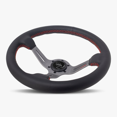 Le Mans Steering Wheel | Black Leather | Graphite Spokes | Red Stitching - Korvel
