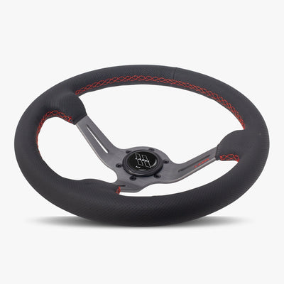 Le Mans Steering Wheel | Black Perforated Leather | Graphite Spokes | Red Stitching - Korvel