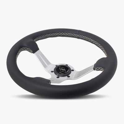Le Mans Steering Wheel | Black Leather | Silver Spokes | White Stitching - Korvel