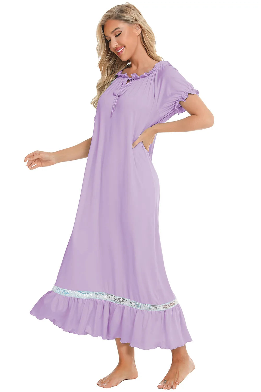 Lace Detail Short Sleeve Lounge Dress - Korvel