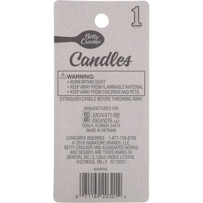 Betty Crocker Birthday Candle, Numeral 1, 3 Inch