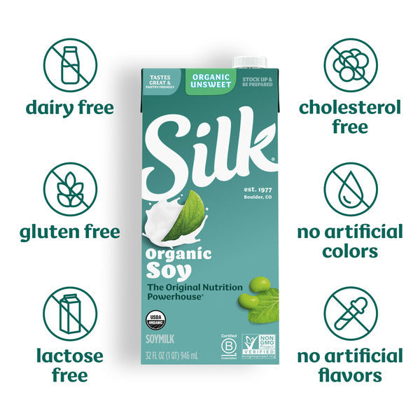 Silk Organic Unsweet Soy Milk - Dairy Free & Vegan, 32 FL OZ
