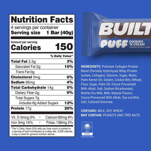 Barre de Protéine Puff BUILT - Cookies 'N Cream, boîte de 4