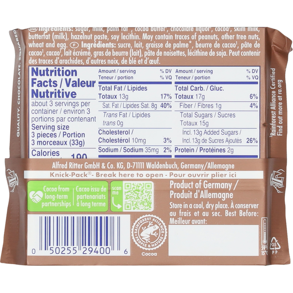 Ritter Sport Cocoa Mousse Filling Milk Chocolate