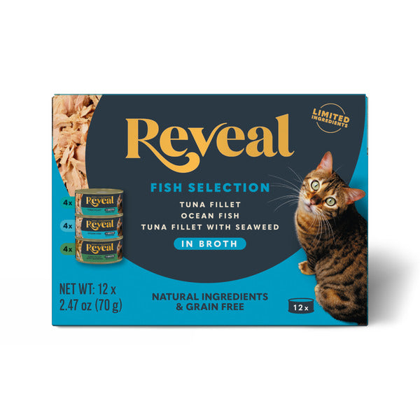 Pack de variété de nourriture humide naturelle pour chats Reveal, saveurs de poisson